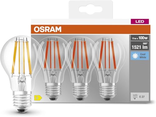 Osram Lamps LED, Sockel: E27, Kalt weiß, 4000 K, 11 W, Ersatz für 100-W-Glühbirne, klar, LED BASE CLASSIC A, 3er-Pack