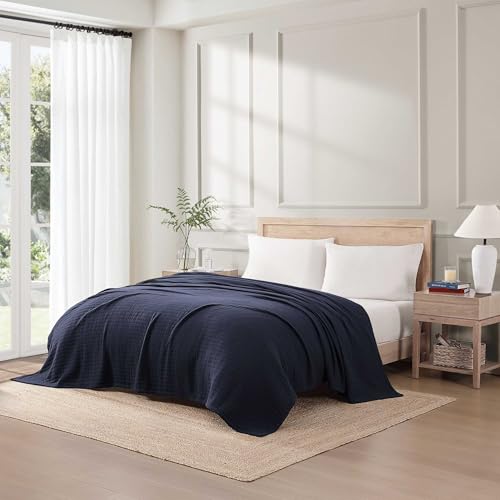 Tommy Hilfiger - King Size Blanket, 100% Woven Cotton Bedding, Medium Weight for Year Round Comfort, Throw Blanket for Couch & Bed (Essential Weave Navy)