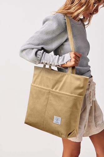 Image of KALIDI Women Corduroy Tote Bag Zipper Casual Tote's Handbag Big Capacity Shoulder Bag with Pockets