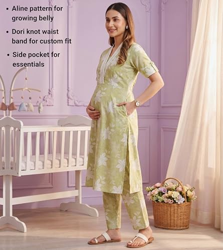 Image of DUMMY SHAPE Maternity Dresses for Women Cotton | Floral Kurta Pant Dupatta Set with Nursing Zippers, Side Pocket | Pre & Post Pregnancy | Feeding Kurti Suit | Baby Shower | Gifts for Pregnant Woman