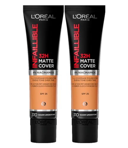 L'Oréal Paris Infaillible Base de Maquillaje Líquida 32H Mate Cobertura SPF 25 Waterproof Transpirable Cubriente Hidratante Larga Duración con 4% Niacinamida Color 310 Warm Undertone - 2 Frascos 30ml