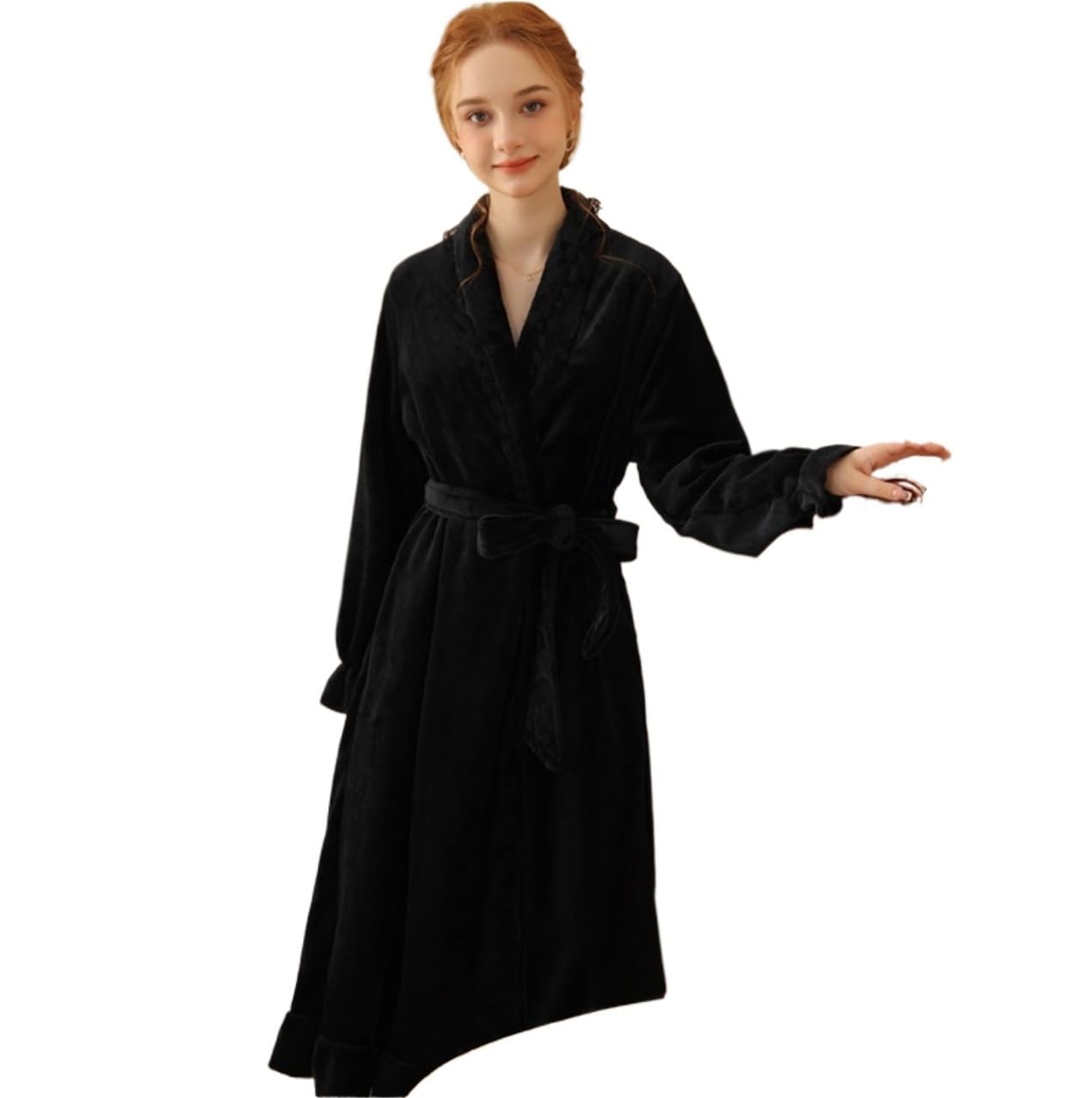 Albornoz Ducha Bata con Volantes For Mujer, Albornoz Largo Suave De Felpa, Lana Cálida, Camisón For Niñas Accappatoio para Viajes(Black,Large)