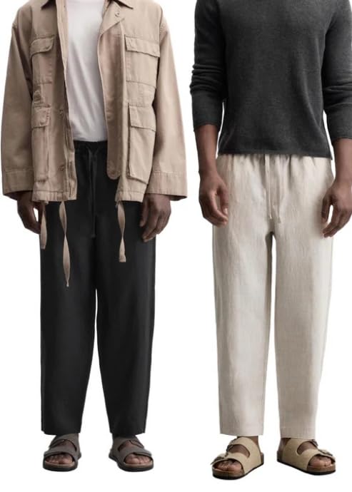 Men’s Cotton Linen Pajama Pants Combo Pack of 2 – Beige & Black Relaxed Fit Lightweight Breathable Lounge Bottoms with Elastic Waist & Adjustable Drawstring for Sleepwear and Travel-picture-35
