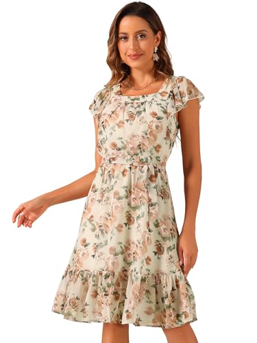 Allegra K Women's Midi Floral Chiffon Dress Flutter Sleeve Belted Square  Neck Ruffled Dress X-Small Beige at Amazon Women's Clothing store