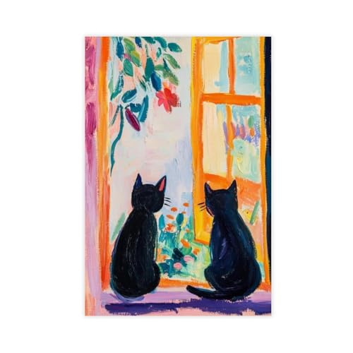 Toile deux chats noirs pour fenêtre rétro déco salon et bureau élégant