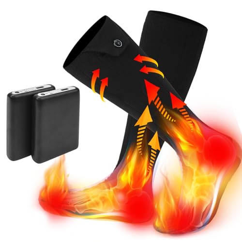 Electric Heated Socks for Men Women with 5V 5000mah Battery Foot Warmer 360° Toe Heating Electric Socks with 4 Levels Heat Settings Suitable for Outdoor Skiing, Winter Camping, Hiking (Black) (Black)