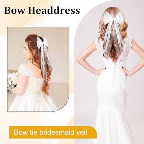 Pinza moño blanco con velo corto y perlas para novias miniatura 4
