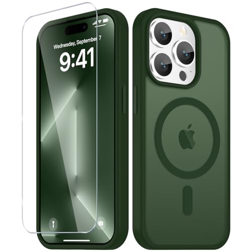 Image of YENAPOON for iPhone 15 Pro Case, Matte Magnetic Phone Cover [with 1 Screen Protector] [Support for MagSafe] [Shockproof Military Grade Protection] Translucent Frosted Back, Sage Green