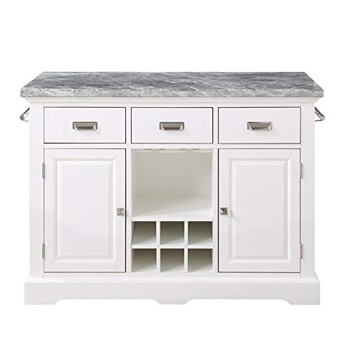 Steve Silver Zermatt Stationary Kitchen Island Table With Grey Marble Top, Towel Rack, Wine Rack, White Finish #TOP24