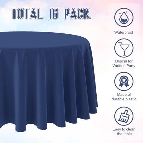 Image of 16 Pack Navy Blue Plastic Tablecloth for Round Tables, Premium Decorative Navy Blue Disposable Table Cloths for Parties, Navy Round Party Table Cover for Birthday Wedding Banquet Event, 84 Inch