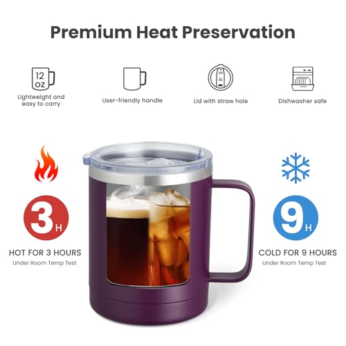 Image of MEWAY 12oz Coffee Mug With Handle and Sliding Lid,Stainless Steel Travel Tumbler Cup with Handle,Double Wall Vacuum Insulated Camping Cup for Hot & Cold Drinks Tea (Plum,Set of 1)
