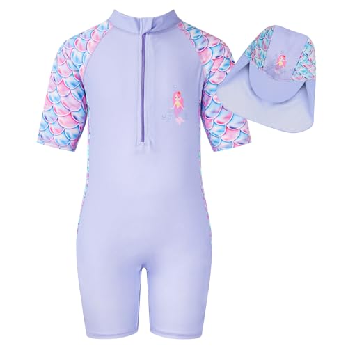 Baddräkt flicka, onepiece, långärmade ärmar, anti-UV-badkläder flicka, sjöjungfru, tygtryck, barn, badmode, boxershorts för flickor 4–9 år, Lila kortärmad, 4-5 År