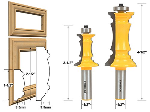 YONICO Cabinet Door Router Bits Miter Frame Molding Set 2 Bit 1/2-Inch Shank 16266