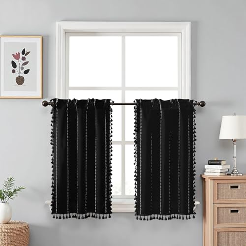 BTTN 24x36 Boho Linen 2 Panel Set Cafe Window Curtain Drapes, Black