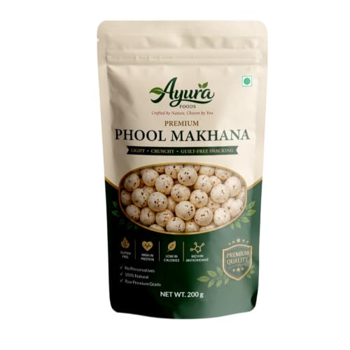 Image of AYURA FOODS CRAFTED BY NATURE, CHOSEN BY YOU Raw Popped Lotus Seeds Phool Makhana | Gluten-Free, Light and Crunchy Puffed Fox Nuts for Healthy Guilt-Free Snacking | 200 gm