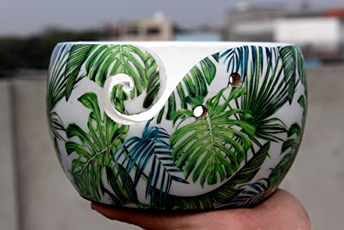 Image of Creative Minds Multi-Purpose Wooden Yarn Bowl - Rosewood Yarn Holder for Knitting and Crochet | Large Handmade Bowl Mother's Day Gift (Green Leaf)