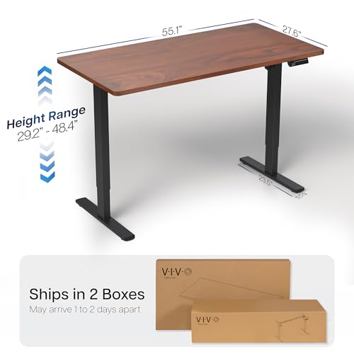 Image of VIVO Dark Walnut 55 x 28 in Standing Desk, DESK-KIT-1B55D | Electric, Holds 220 lbs, Sit Stand, Height Adjustable, Solid One-Piece Table Top, Memory Presets, 1B Series, Black Frame