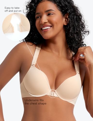 Front Closure Bras for Women Racerbige Plunge Underwire Lightly Padded Seamless Bra B-DD Cups Beige 36B3