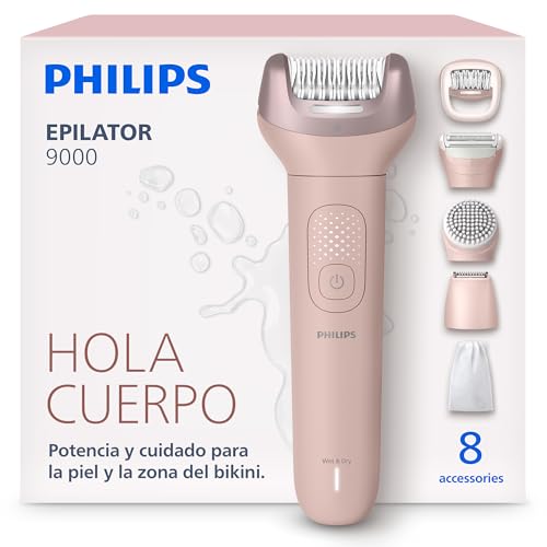 Philips Depiladora Serie 9000 – Depiladora eléctrica inalámbrica, uso en seco y mojado, para piernas, cuerpo y zona del bikini; con ProGuide, 8 accesorios, 60 minutos de autonomía, modelo BRE719/00