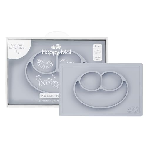 ezpz Happy Mat Pewter — Suction Placemat + Divided Plate