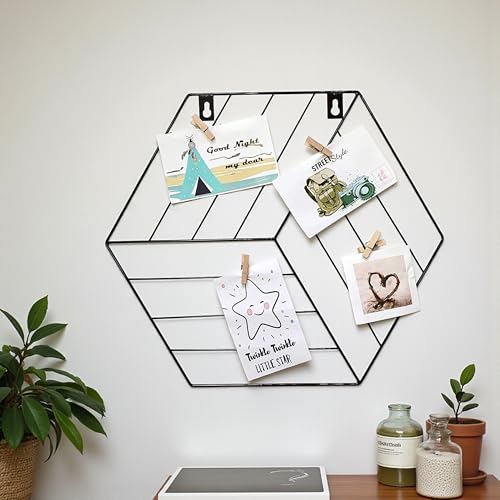 Image of Art Street Hexagon Shape DIY Metal Photo grid wall for photo hanging, wall decoration and display (size- 35 x 40 cm) -Photo clips included