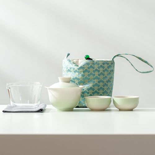 TAMUME Juego de té portátil de cerámica con jarra de vidrio – Juego de té compacto de viaje con bolsa de tela para regalo y uso personal, verde