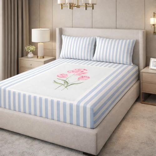 Image of Cotton Feel Digital Print Double Bed Fitted Bedsheet All Around Elastic King Size with 2 Pillow Covers (72 inch x 78 inch inches, Bloom Blue)