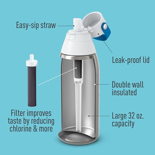 Image of Brita Stainless Steel Premium Filtering Water Bottle, BPA-Free, Reusable, Insulated, Replaces 300 Plastic Water Bottles, Filter Lasts 2 Months or 40 Gallons, Includes 1 Filter, Stainless - 32 oz