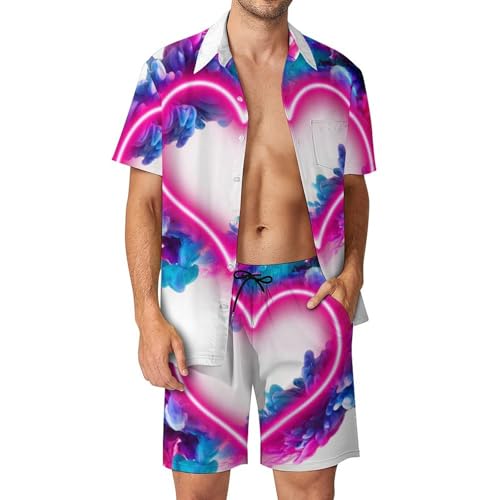Tenue de Plage Homme Chemise Hawaïenne et Short Léger Cœur Néon Taille S