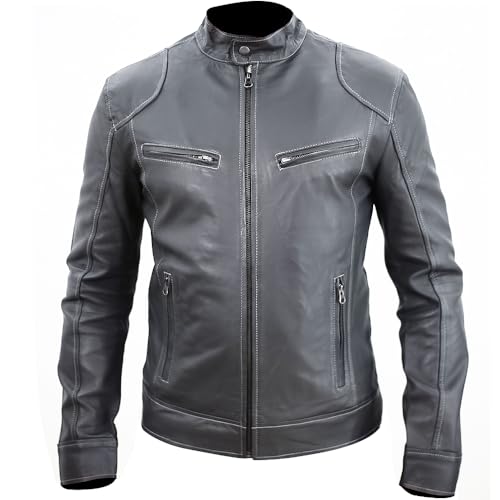 Image of Men's Real Leather Jacket Biker Motorcycle Cafe Racer Vintage Retro Bomber Winter Black Genuine Leather Jacket