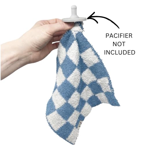 Image of L+L USA Checkered Baby Lovey Pacifier /Teether Holder 10 inchx10 inch - DreamSoft Plush Fluffy Cuddly Soothie Reversible Mini Comfort Blanket - Cute Newborn Gift Essential Babies Boys Girls (Steel Blue /White)