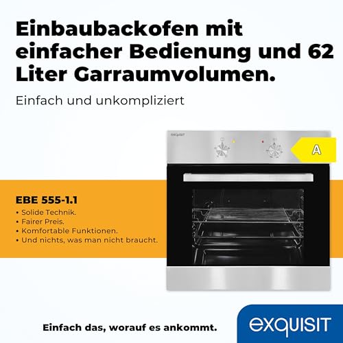 Exquisit Einbaubackofen, Backofen Einbaugerät Silber, 62 L Garraum, Einfache Bedienung, Backofen klein, EBE 555-1.1 – Bild 3