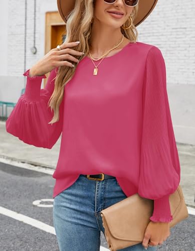 Image of Aifer Womens Tops Dressy Casual Long Sleeve Shirts Chiffon Blouses | Sheer Pleated Lantern Sleeves, Crew Neck, Back Keyhole, Versatile, Ideal for Office Workwear, Daily Outfits, Party Looks