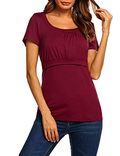 Ekouaer Short Sleeves Round Neck T-Shirts Nursing Maternity Tops Plus Size Tees Wine Red Xl #TOP2