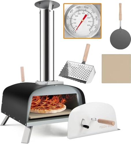 GYMAX Four à Pizza à Bois ou à Pellet Extérieur, avec Thermomètre, Température Max. 450 ℃, Pelle à Pizza, Pierre à Pizza φ33CM, pour Jardin,...
