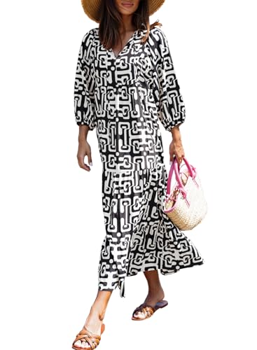 Image of miduo Womens Loose Fit Casual Summer V Neck Half Sleeve Bohemian Geometric Pattern Maxi Long Dresses