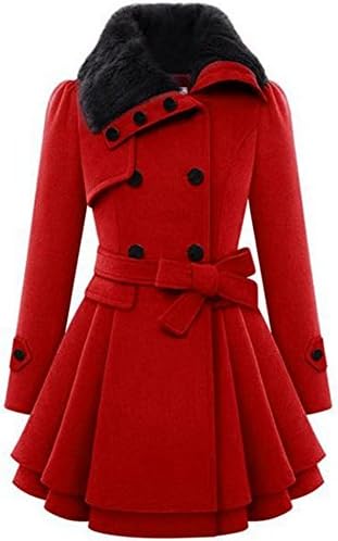 Zeagoo Women Plus Size Long Sleeve Coat Faux Fur Lapel Double-Breasted Thick Wool Coat Red,X-Large