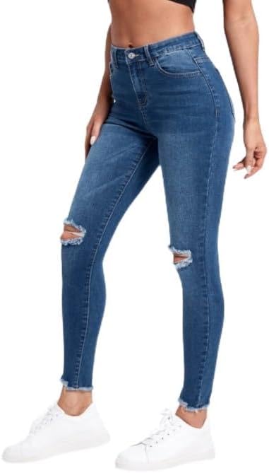 Distressed Slim Skinny Jeans with Raw Cut Edges for Women and Comfortable Wear