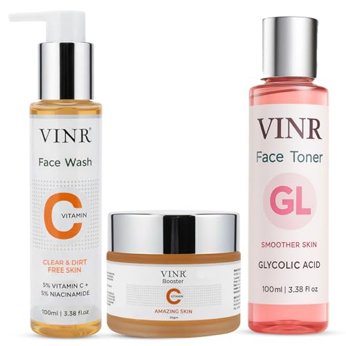 Image of VINR Unisex Vitamin C Brightening Skincare Combo Set | Face Wash, Glycolic Toner & Vitamin C + E Moisturizer | Glowing, Smooth & Even-Toned Skin | All Skin Types For Men & Women