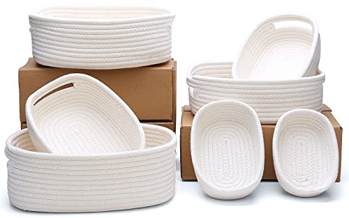Image of HLWDFLZ 7 Piece Cotton Rope Woven Basket Set - Woven Storage Basket Pets Toy Cotton Rope Basket for Organizing, Small Basket for Montessori, Dog Cat Toy Box, Baby Nursery (White)