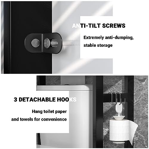 Homykic Bamboo Over The Toilet Storage Shelf, 3-Tier Above Toilet Storage Organizer Rack with 3 Hooks, Freestanding Bathroom Tower Shelf Unit for Small Space, No Rust, Easy to Assemble, Black by Homykic - Image 5