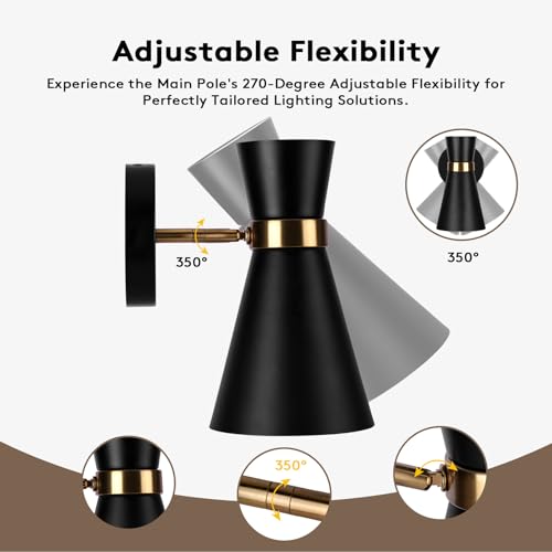 Image of Battery Operated Wall Sconce Set of 2, Modern Decor Black with Gold Rechargeable Wireless Sconce with Remote Control, Dimmable 10 Colors 5200mah Adjustable Battery Wall Light for Bedroom Living Room