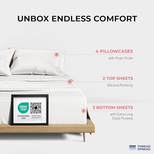 Image of THREAD SPREAD 100% Egyptian Cotton Queen Size Sheet Set Pack of 2 - Luxury 1200 Series Plush Collection Egyptian Cotton Sheets Queen Size Silky Soft Cooling, Sateen 17 inch Deep Pocket Bedsheets - White