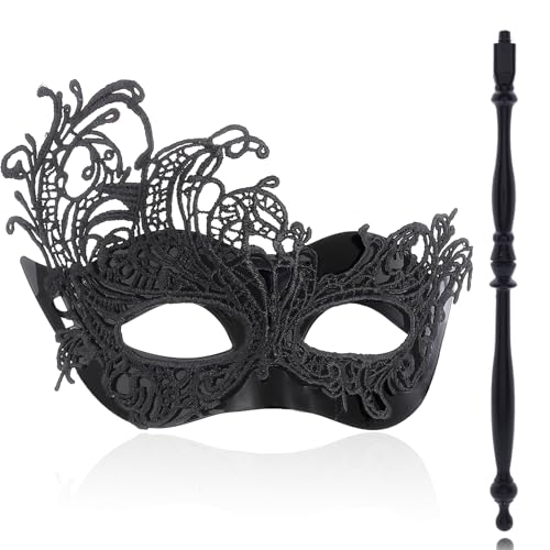 Maeaccx Black Masquerade Mask with Stick Lace Handheld Antifaz Ball Party Accessories for Women(Phoenix)