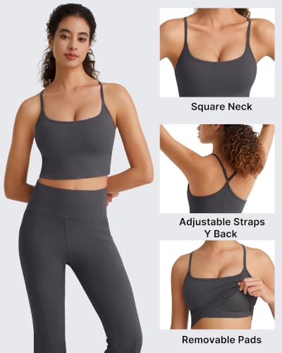 G4Free Spaghetti Strap Tank Top with Built in Bra for Women Y Back Square Neck for Yoga Exercise Sports Bra Breathable Soft(Dark Gray,XL) — view 3