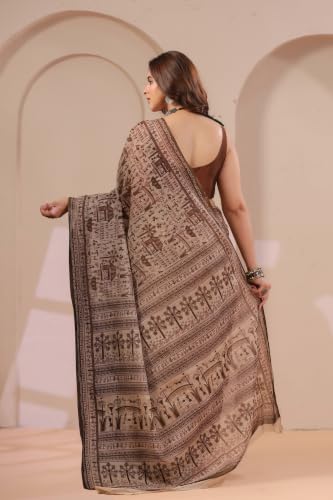 Image of TAMAIRA FASHION Off White Mulmul Pure Cotton Saree For Woman Warli Printed|Office Wear Daily Wear Sarees For Women Without Blouse Piece (Available in 21 Colours)