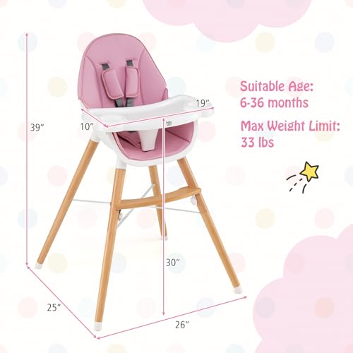 Image of BABY JOY Baby High Chair, Wooden High Chair for Babies & Toddlers with Dishwasher Safe Double Removable Tray, Infant Feeding Chair with 5-Point Safety Harness & Detachable PU Seat Cushion (Pink)