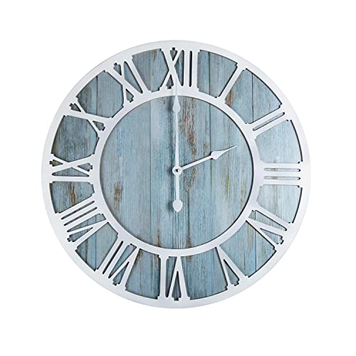 Wall Clock For Home Decor - 24 Inch Blue Wood Wall Clocks Battery Operated Nearly Silent Little Ticking Simple Minimalist Roman Numbers Clock Decorative For Bedrrom #TOP7