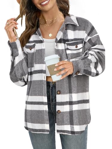 NIeyook Women's Casual Plaid Flannel Shacket Jacket Oversized Button Down Long Sleeve Fall Shirts Jacket Lapel Coats Tops