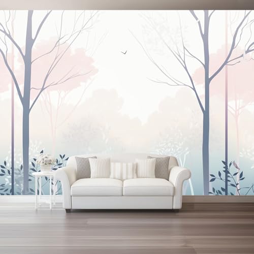 Papel pintado Motivo De Árboles Y Pájaros, 200 x 140 cm Papel tapiz fotográfico personalizado no tejido para sala de estar, decoración de pared para habitación de niños Blanco